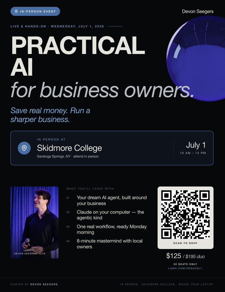 Practical AI for Business Owners poster from the Skidmore run